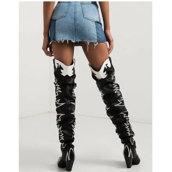 Black and white over the knee western slouchy boot - Picture 4 of 8